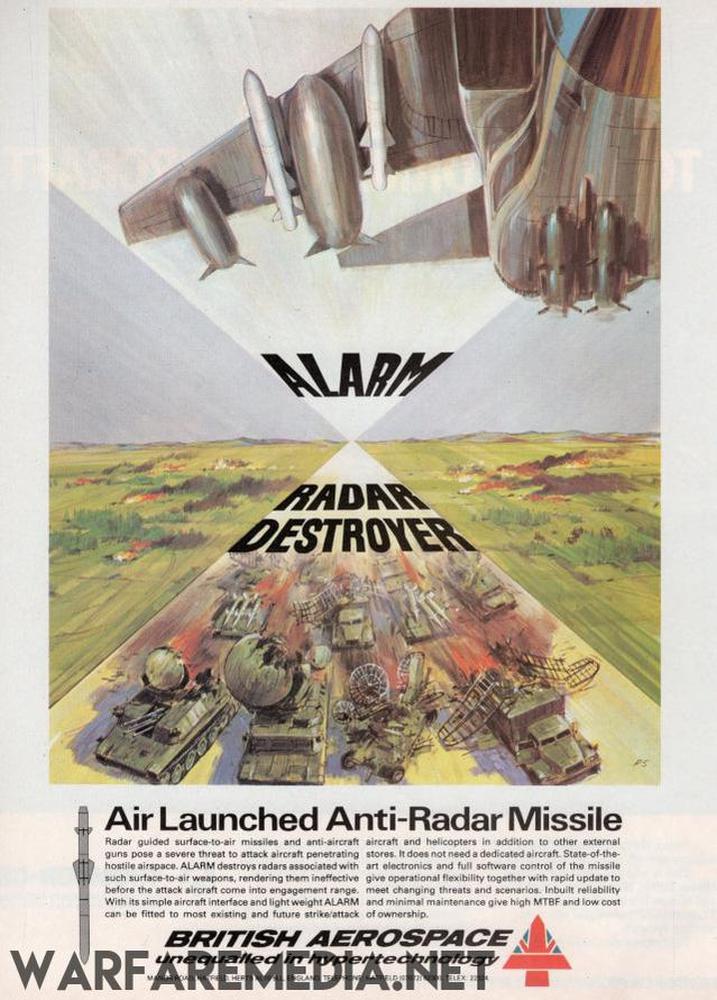 A retro ad for the ALARM Missile by Warfare Media, printed on high-quality semi-glossy paper. It features a missile and military equipment illustration with "ALARM" and "RADAR DESTROYER" text, along with the British Aerospace logo and details at the bottom.