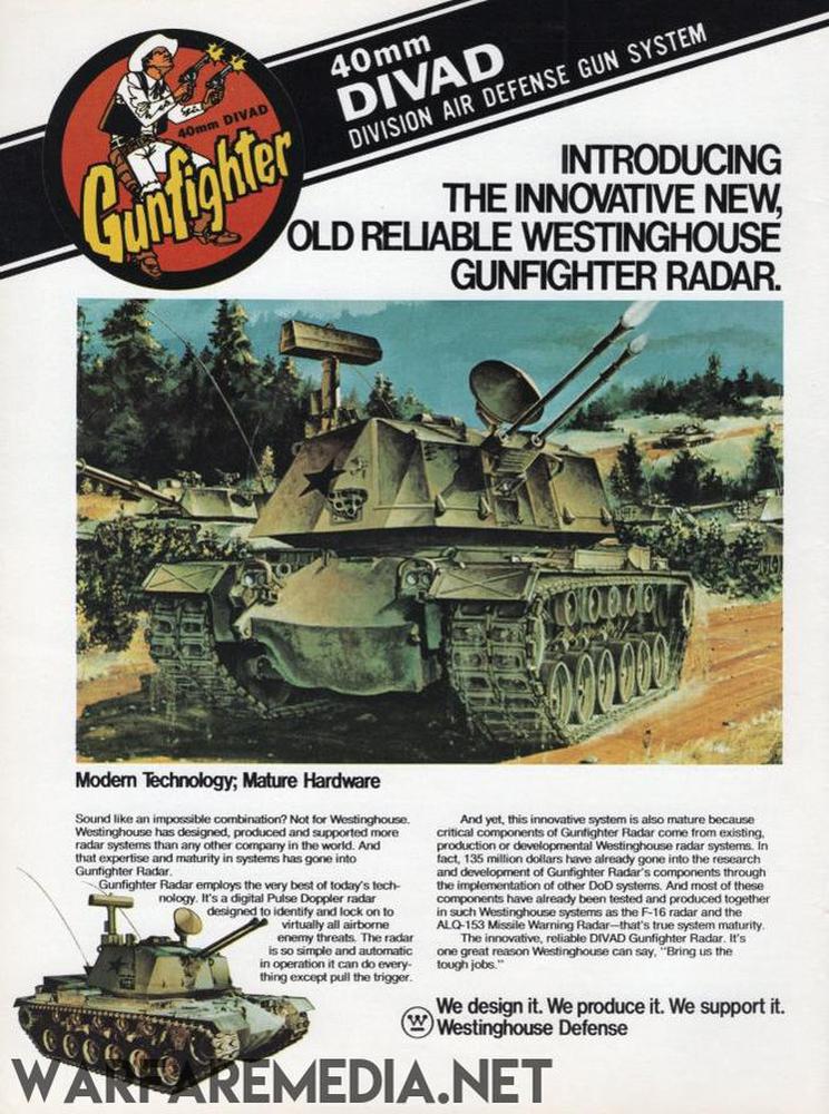 A vintage ad for Warfare Media's DIVAD M247 highlights its innovation and reliability, featuring a military tank with advanced radar. Printed on semi-glossy paper, it promotes the 40mm Division Air Defense Gun System in robust packaging for high-quality posters.