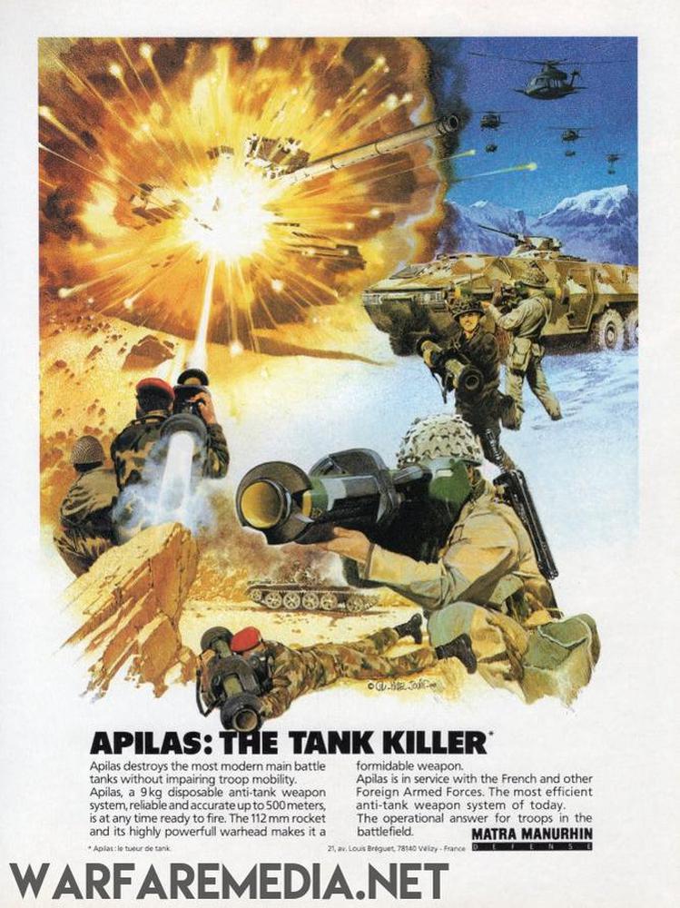 Artwork depicts soldiers with a missile launcher and an explosion overhead. Tanks, helicopters, and troops fill the background. Text reads: "Apilas: The Tank Killer," emphasizing the missile's power on pristine, FSC-certified paper. Presented by Warfare Media as the APILAS Missile ad.