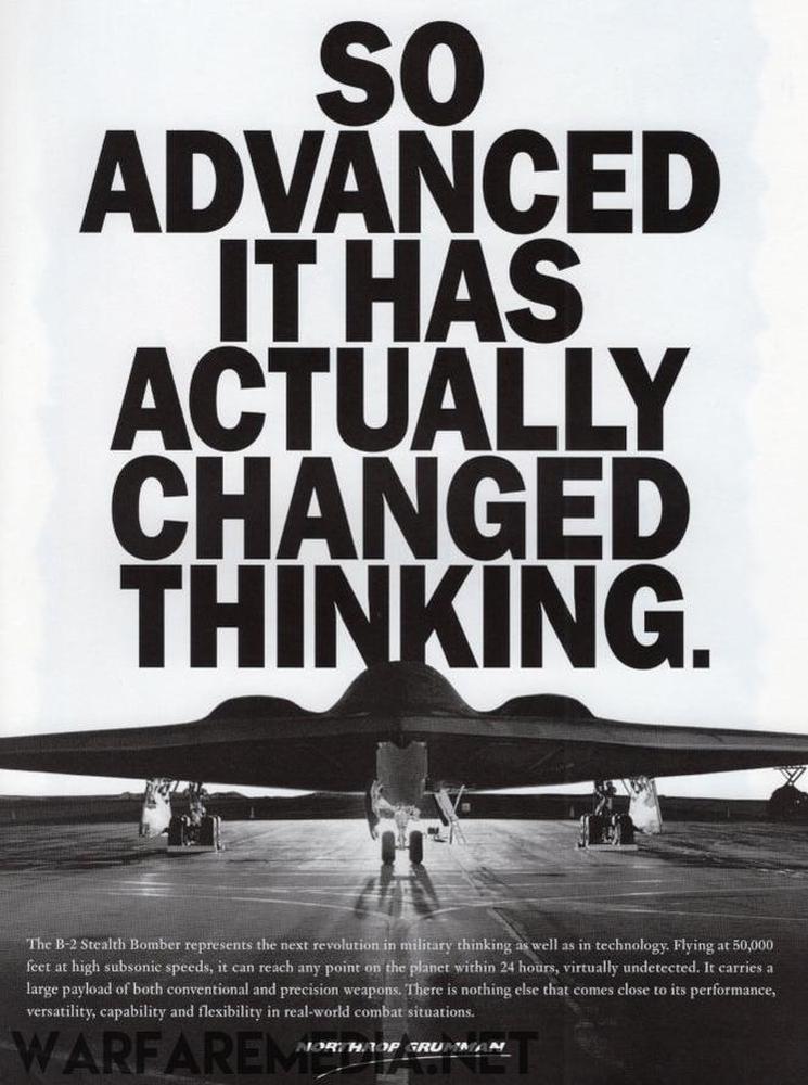 The B-2 "So Advanced" ad by Warfare Media features a striking black and white image of a B-2 stealth bomber's underside on semi-glossy paper. Bold text declares, "So Advanced It Has Actually Changed Thinking," with smaller text narrating its capabilities.