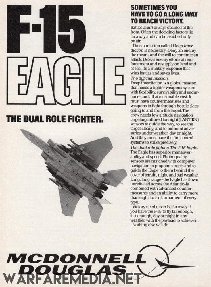 Black and white advertisement for the F15 Dual Role Fighter Ad by Warfare Media, showcasing a high-quality poster of the jet in flight. The text highlights its capabilities, emphasizing its dual attack and defense missions.