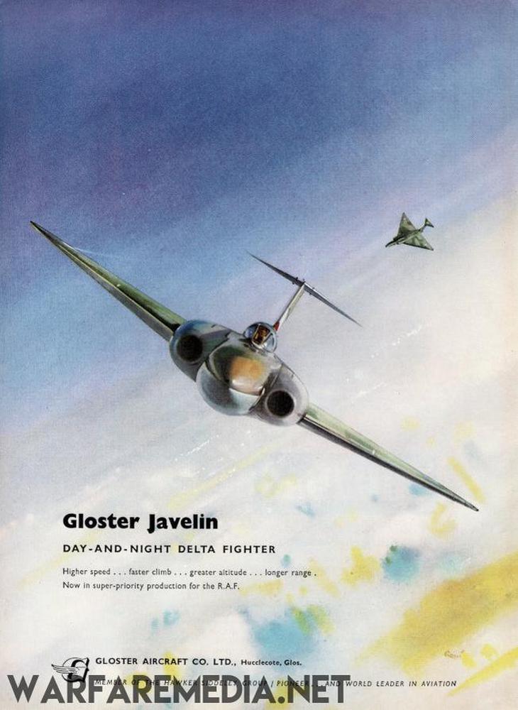 The Gloster Javelin Sales Ad by Warfare Media features an illustration of a jet fighter soaring at an angle with another jet trailing behind. The poster, printed on FSC-certified paper, highlights the aircraft's speed and altitude within a vibrant blue-to-yellow gradient sky.