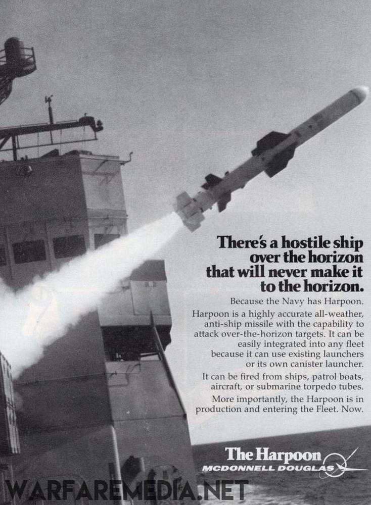 A black and white image shows a Harpoon missile launching from a ship, showcasing its deployment versatility. Displayed on high-quality, semi-glossy, FSC-certified paper posters. Logo reads "Warfare Media.