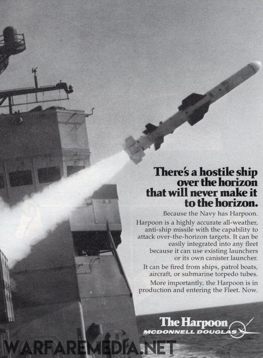 A black and white image shows a Harpoon missile launching from a ship, showcasing its deployment versatility. Displayed on high-quality, semi-glossy, FSC-certified paper posters. Logo reads "Warfare Media.