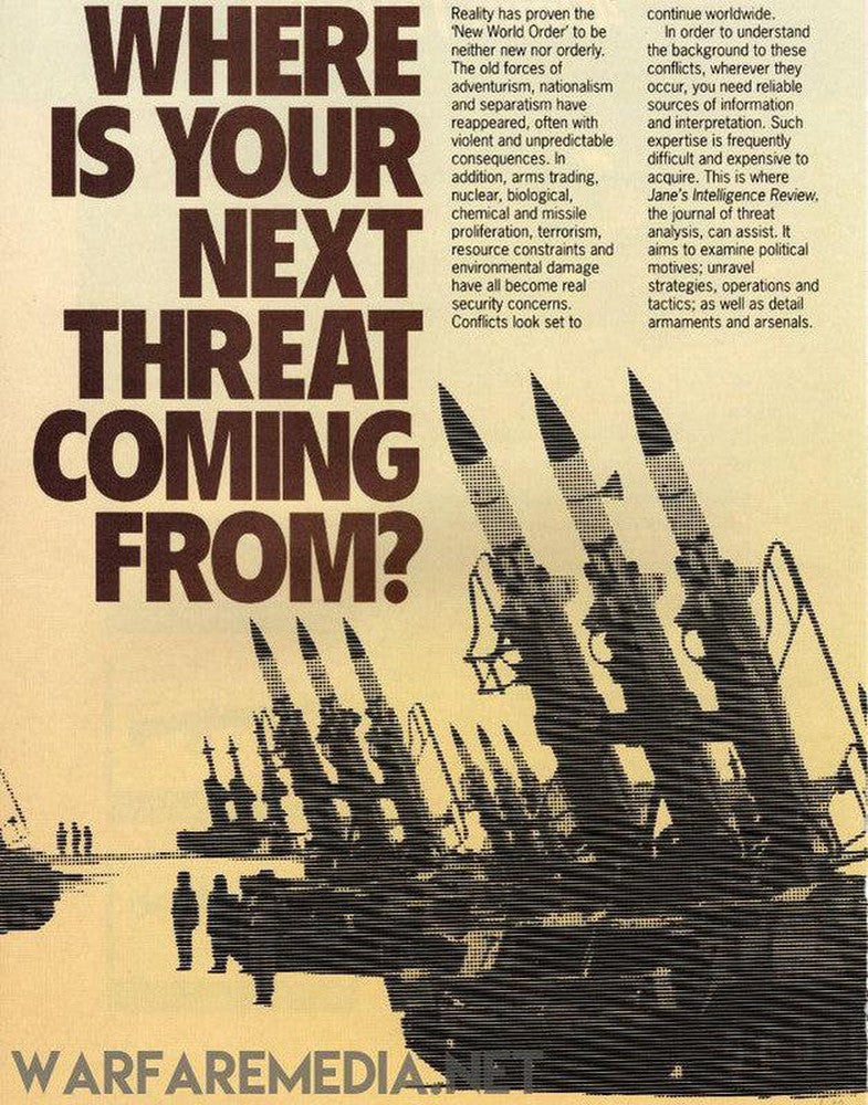Text reading "WHERE IS YOUR NEXT THREAT COMING FROM" is overlaid on a high-quality semi-glossy image of multiple Soviet missile systems pointing upward. Additional text underneath discusses global threats, including terrorism and advanced weaponry. The phrase "Warfare Media" is visible at the bottom.