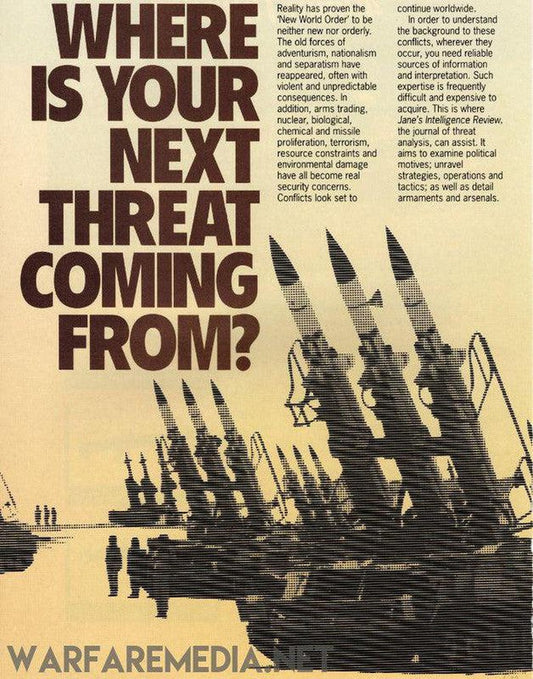 Text reading "WHERE IS YOUR NEXT THREAT COMING FROM" is overlaid on a high-quality semi-glossy image of multiple Soviet missile systems pointing upward. Additional text underneath discusses global threats, including terrorism and advanced weaponry. The phrase "Warfare Media" is visible at the bottom.