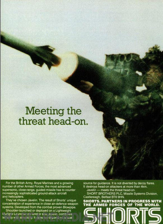 The Shorts Javelin Sales Ad by Warfare Media features a blurred image of a missile launching, with green text stating: "Meeting the threat head-on." The accompanying text highlights Shorts Brothers PLC's provision of advanced missile and aircraft technology to armed forces worldwide. All high-quality posters are printed on FSC-certified paper and come in robust packaging.