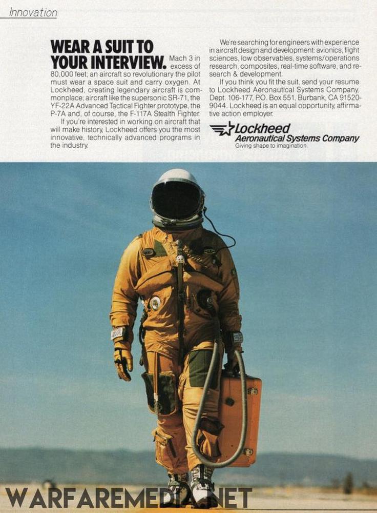 A person in a high-altitude pressure suit strolls down a runway holding a helmet. The semi-glossy "Wear a suit to your Interview" recruitment advert from Warfare Media showcases Lockheed's innovation in aerospace and highlights major aircraft projects with premium posters to attract engineering applicants.