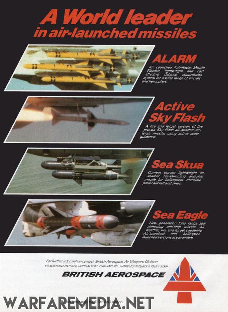 The British Aerospace Air Launched Missiles Ad by Warfare Media, titled "A World Leader in Air-Launched Missiles," showcases images and descriptions of the ALARM, Active Sky Flash, Sea Skua, and Sea Eagle missiles. Printed on FSC-certified paper, this poster highlights each missile's capabilities.