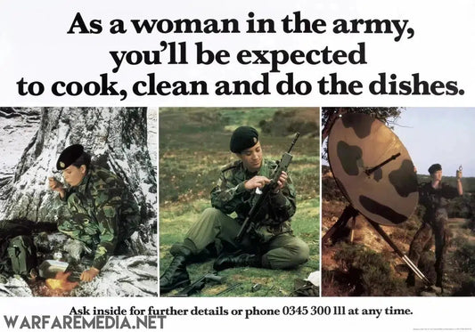 A historic advert from Warfare Media features a high-quality poster named "As A Woman In the Army," depicting three women in the armed forces performing various duties: cooking in the field, cleaning a rifle, and managing communication equipment. The text reads, "As a woman in the army, you’ll be expected to cook, clean and do the dishes.