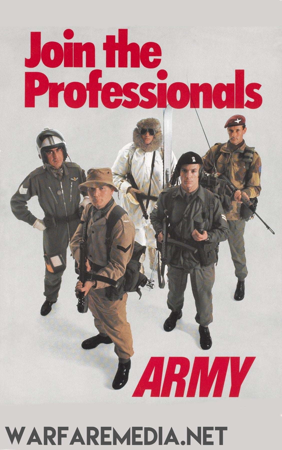 A recruitment ad poster titled "Join the Professionals" showcases five individuals dressed in diverse military uniforms and gear, standing under bold red text. Printed on high-quality semi-glossy paper, the word "ARMY" is prominently displayed at the bottom in large red letters, with "WARFAREMEDIA.NET" beneath. This striking advert is brought to you by Warfare Media.