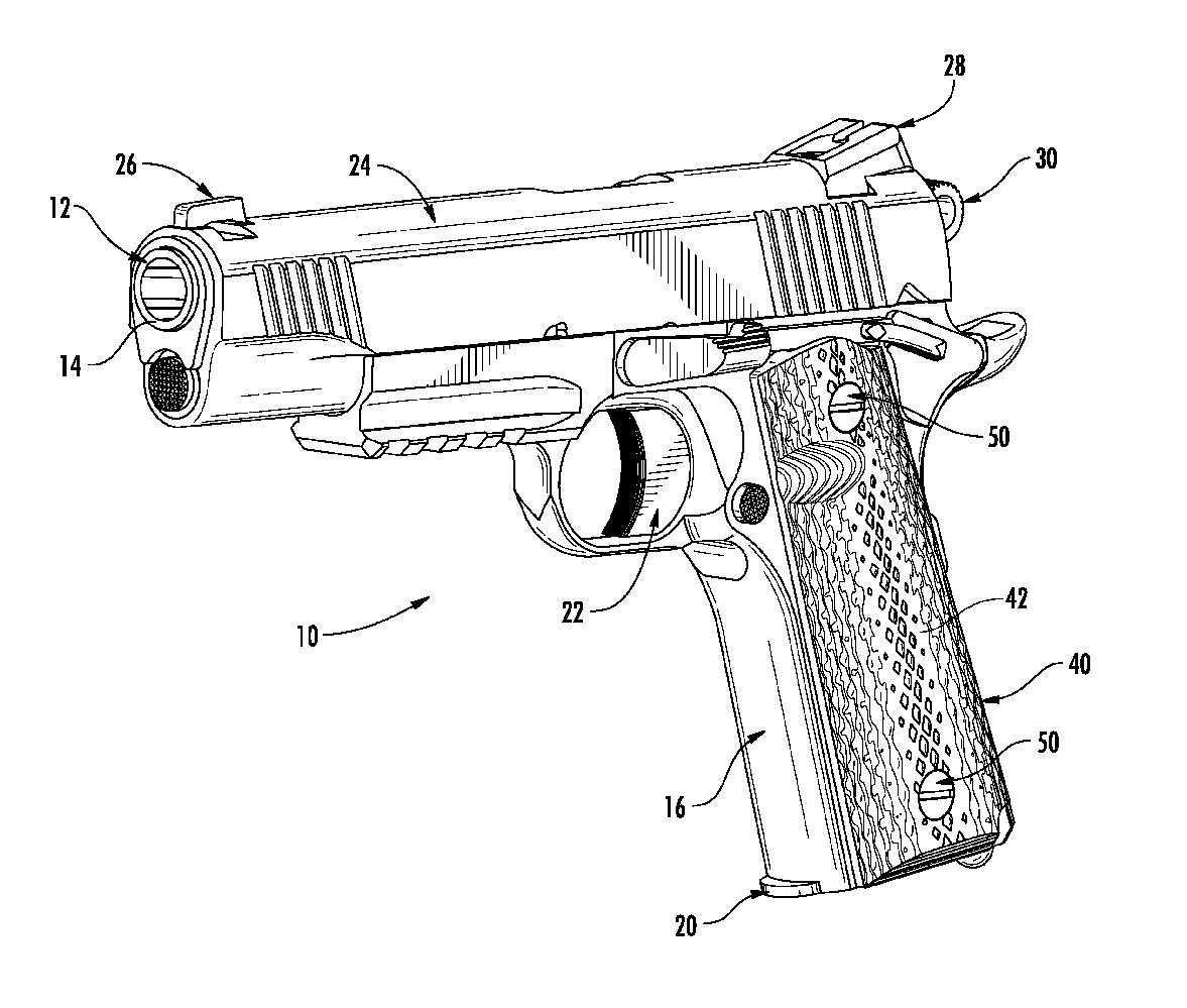 Detailed patent illustration of the M45 variant, highlighting various parts of a semi-automatic pistol, including the barrel (14), slide (24), trigger (22), grip (40), and hammer (30). This image from Warfare Media's M45 1911 Patent Illustration is perfect for high-quality posters.