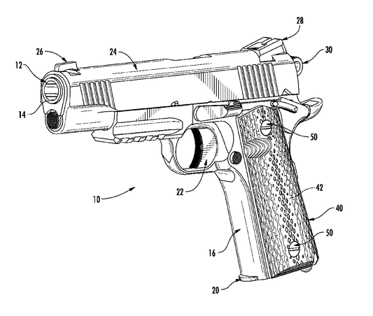 Detailed patent illustration of the M45 variant, highlighting various parts of a semi-automatic pistol, including the barrel (14), slide (24), trigger (22), grip (40), and hammer (30). This image from Warfare Media's M45 1911 Patent Illustration is perfect for high-quality posters.