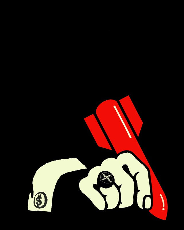 A stylized illustration from Warfare Media's "Soviet anti-NATO missile propaganda" shows an off-white hand with a dollar symbol on the cuff holding a red bomb. The black background accentuates the contrast of the hand and bomb, symbolizing a powerful association between money and destruction. This high-quality poster is printed on semi-glossy paper for long-lasting vibrancy.