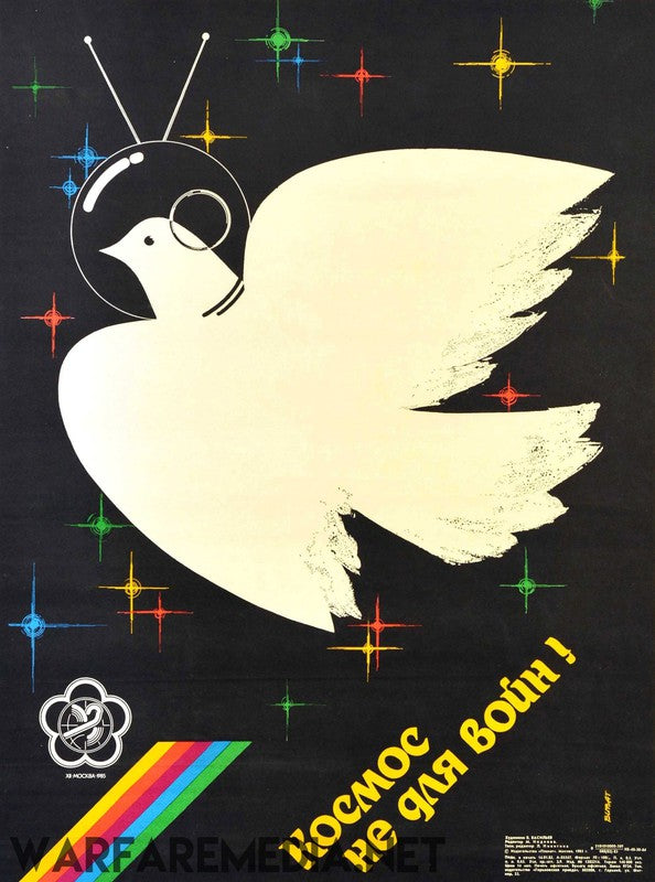 The "Space is not for war" Soviet Anti-war poster by Warfare Media showcases a white dove wearing an astronaut helmet, set against a black background adorned with colorful star-like shapes. It is printed on high-quality, FSC-certified paper with a semi-glossy finish that enhances the vibrant colors. Cyrillic text at the bottom reads "Космос не для воин!" meaning "Space is not for war!" Additionally, there's a logo and a rainbow stripe featured alongside the text.