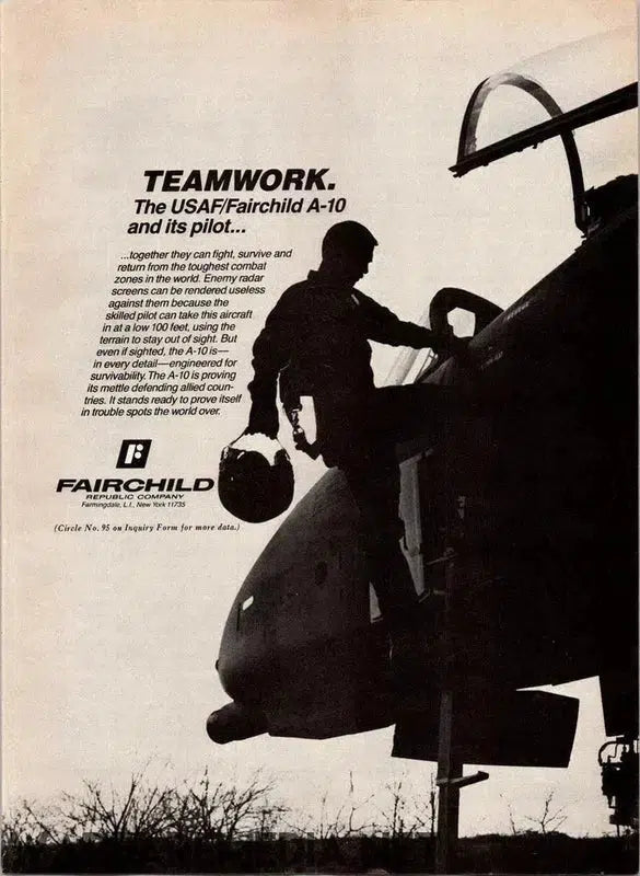 A silhouetted pilot stands on the wing of an aircraft, with one hand on the fuselage and the other holding a helmet. The text reads, "TEAMWORK: The USAF/Fairchild A-10 and its pilot." Available as high-quality posters printed on FSC-certified semi-glossy paper from Warfare Media under the product name Fairchild A-10 "Teamwork" Ad. The Fairchild logo is visible below.