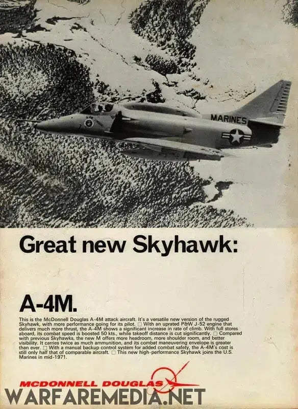 A vintage advertisement showcases the McDonnell Douglas A-4M Skyhawk jet aircraft flying over snowy, mountainous terrain. The ad emphasizes the versatility and new features of the A-4M model. Available as high-quality posters printed on FSC-certified paper, these prints highlight Warfare Media's branding and include a brief description at the bottom.