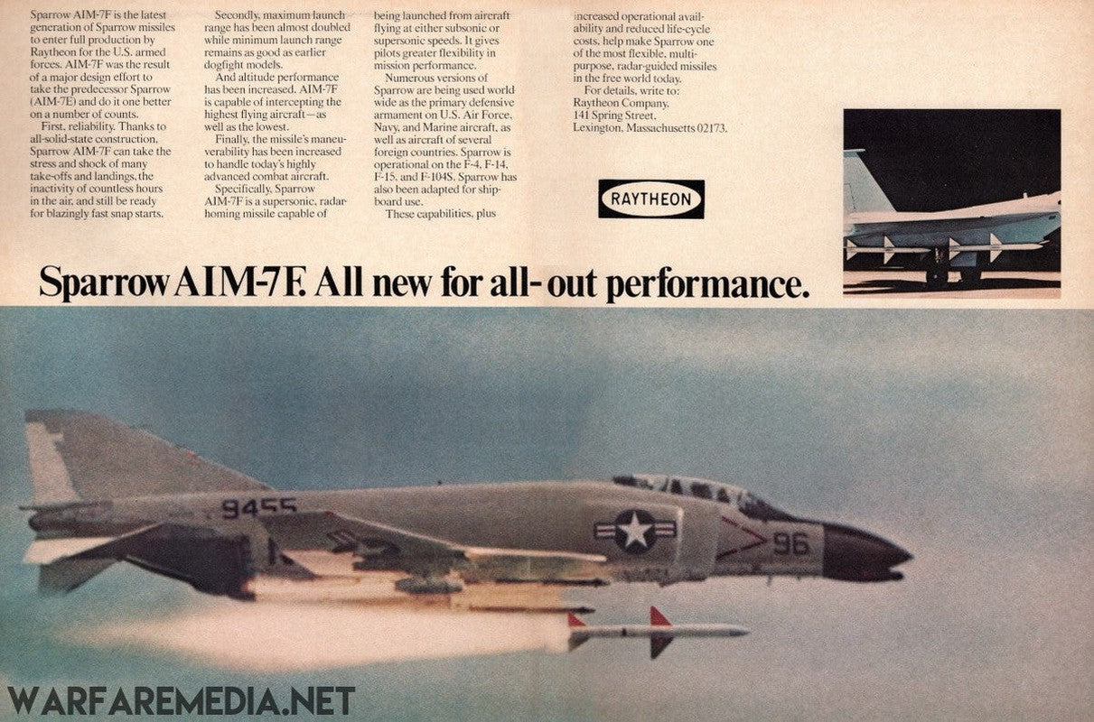 A vintage advertisement showcases the AIM-7F jet, presented by Warfare Media. The ad, printed on FSC-certified paper, features images of the jet in flight, firing a missile, and ground view. The text highlights the missile's advanced performance capabilities and Raytheon's role in its development.