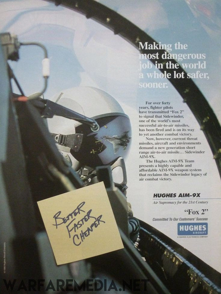 A pilot in a cockpit is photographed from behind, concentrating on a note attached to the dashboard that reads "Better, Faster, Cheaper." The text offers a concise description of the Hughes AIM-9X Sidewinder missile. The image features a watermark with "Warfare Media" and is printed on high-quality semi-glossy paper.