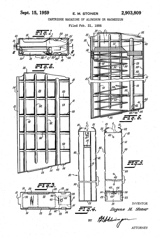 Introducing the Warfare Media AR-10 Waffle Magazine Patent: This detailed patent drawing showcases an aluminum or magnesium cartridge magazine specifically designed for the AR-10 battle rifle. The illustrated diagrams present multiple angles and parts, including sectional views and structural details. Filed on February 21, 1956, by inventor E.M. Stoner, this depiction highlights the iconic waffle style magazine.