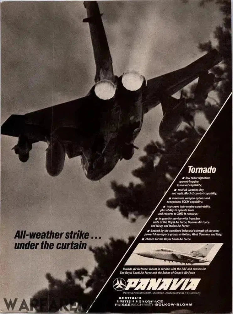 Black and white image of a military jet, the Panavia Tornado, viewed from underneath as it flies in the sky. The text on the right describes the jet's capabilities, features, and roles, emphasizing its all-weather strike ability. This high-quality poster by Warfare Media is printed on FSC-certified paper for a sustainable touch.