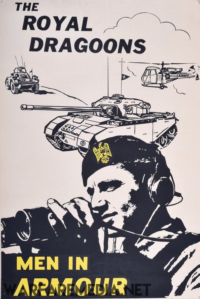 The "Men in Armour" Royal Dragoons Recruitment Ad by Warfare Media features an illustrated poster of a soldier wearing a beret and using binoculars, with military tanks and a helicopter in the background. The text reads "The Royal Dragoons - Men in Armour" in bold black and yellow letters. This high-quality FSC-certified semi-glossy paper print ensures vibrant detail.