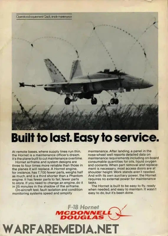 A black and white advertisement titled "Mcdonnell Douglas F-18 Hornet Sales Ad 'Built to last'" by Warfare Media, printed on high-quality semi-glossy paper. The image features a jet aircraft taking off, accompanied by the text "Built to last. Easy to service." Below it is a descriptive paragraph highlighting the aircraft's reliability and serviceability.