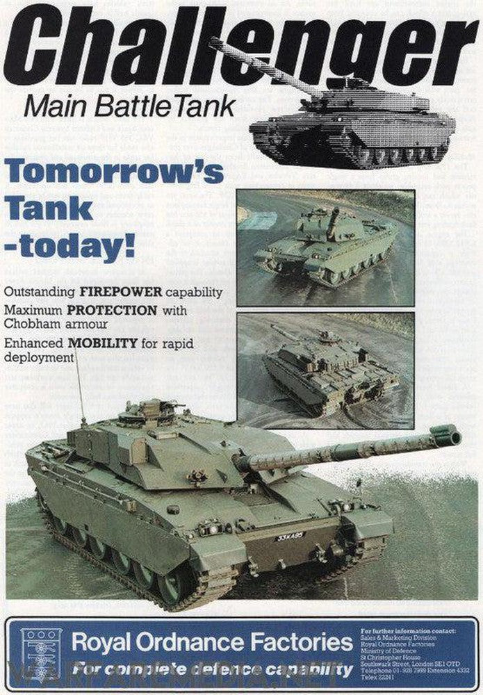 Advertisement for the Challenger 1 Main Battle Tank by Warfare Media. The Challenger C.1984 Sales Ad, printed on high-quality semi-glossy paper, features images of the tank from various angles and emphasizes its exceptional firepower, superior Chobham armor protection, and enhanced mobility for rapid deployment.