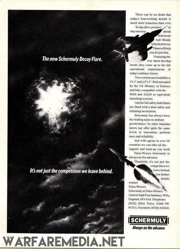 An advertisement by Warfare Media for Schermuly Decoy Flares showcases a massive explosion in the sky, with the explosion labeled "The new Schermuly Decoy Flare." The accompanying text asserts, "It's not just the competition we leave behind." Flying past are two military jets. Printed on FSC-certified paper, the ad includes Warfare Media branding and contact information at the bottom.