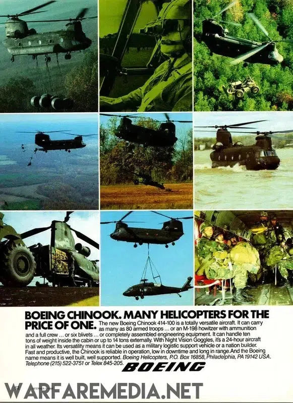 A collage of images showcasing the Boeing CH-47 Chinook AD in various scenarios, printed on FSC-certified, high-quality paper. Includes aerial shots, transport, military operations, and heavy-lifting tasks. The text below highlights the versatility and features of the Chinook AD by Warfare Media, emphasizing its diverse capabilities.