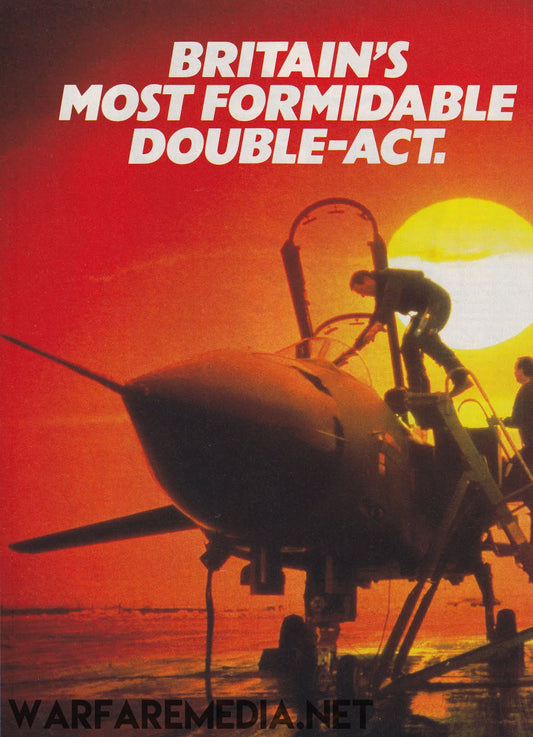 A person is performing maintenance on a military jet at sunset. The jet is silhouetted against an orange sky with the sun low on the horizon. Bold white text at the top reads, "Britain's most formidable double act." This high-quality poster from Warfare Media is printed on FSC-certified, semi-glossy paper. A URL is partially visible at the bottom.