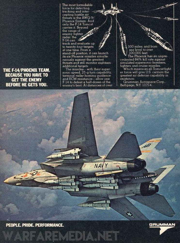 The F14 Tomcat & AIM54 Phoenix team advert by Warfare Media showcases an aviation-themed poster featuring the F-14 Tomcat in flight, armed with missiles. The text emphasizes the impressive capabilities of both the F-14 and the Phoenix missile, including advanced radar targeting, a range exceeding 100 miles, and exceptional defensive agility. This high-quality poster is printed on semi-glossy paper and proudly displays the Grumman company logo.