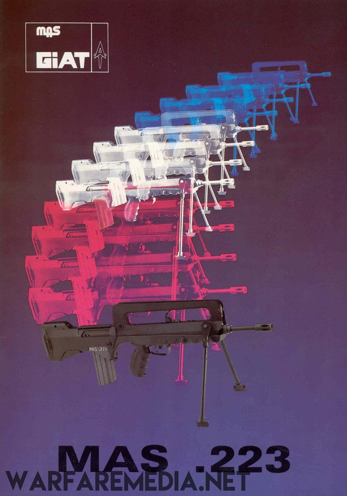 Magazine cover featuring the FAMAS Sales Ad. The image displays a sequence of the rifle in varying transparent overlays transitioning from red, to white, to blue, reminiscent of the French flag. Designed with a retro wave style, these covers could make for high-quality posters. "FAMAS Sales Ad" and "WarfareMedia.NET" appear at the bottom.