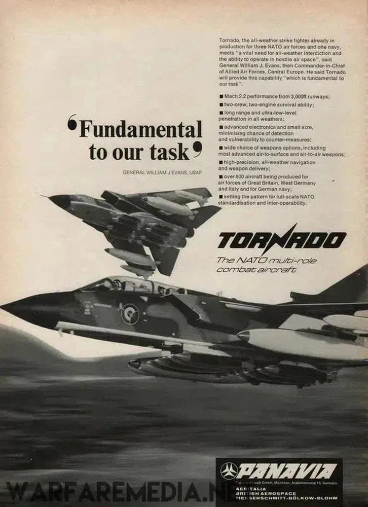 Black and white advertisement featuring two Tornado fighter jets soaring through the sky. Text reads: 'Fundamental to our task' - General William F. Evans, USAF. Printed on high-quality semi-glossy paper, it also states: "Tornado, The NATO multi-role combat aircraft" with features listed and branding for Warfare Media at the bottom. Product Name: Panavia Tornado Ad.