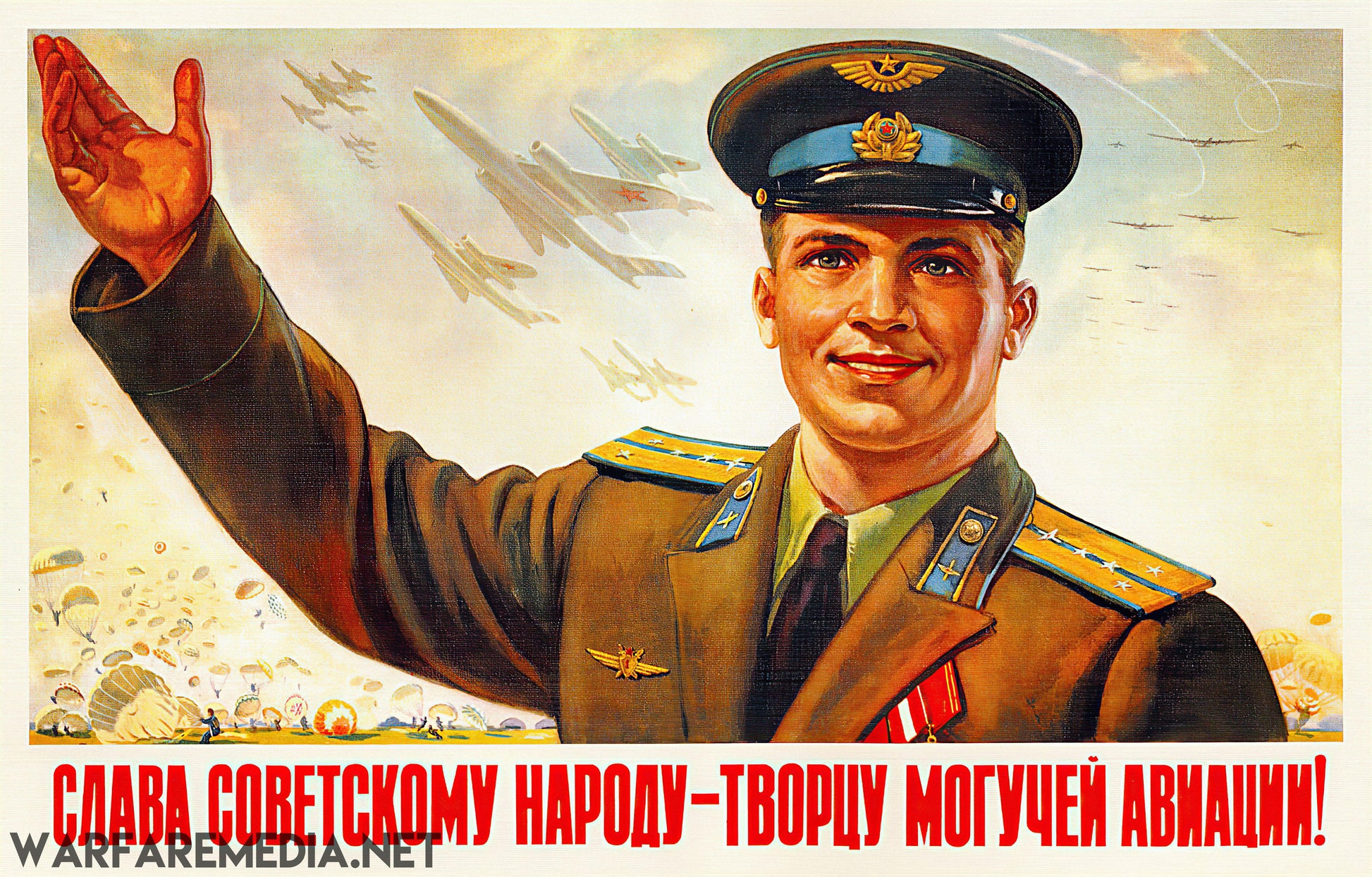 The Soviet Airforce Propaganda Poster by Warfare Media features a smiling man in a military uniform with medals, raising his hand in salute. Behind him, aircraft soar in the sky. The poster bears the slogan "Glory to the Soviet people – the creators of powerful aviation!" in Russian and is printed on high-quality paper.