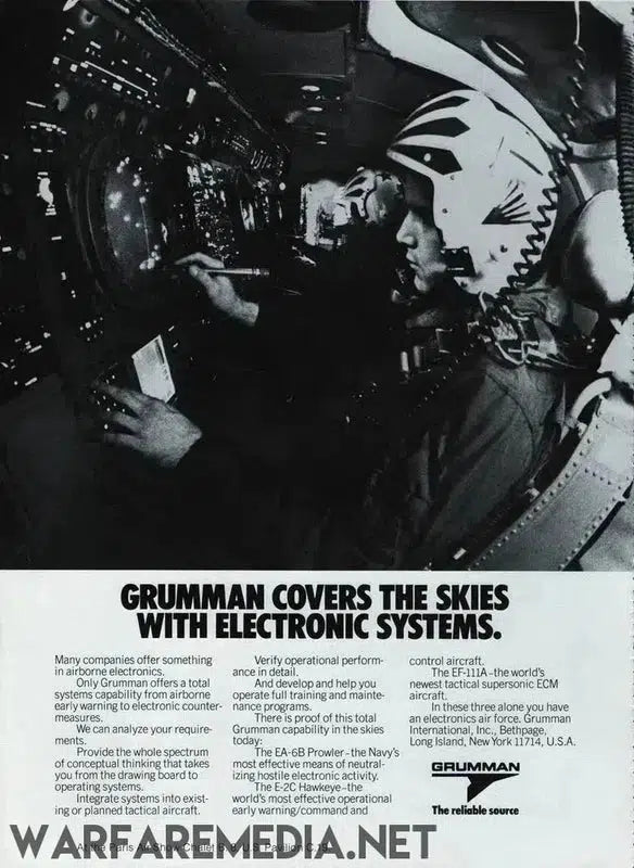 A pilot in a helmet operates advanced avionics equipment in a cockpit. Text at the bottom highlights Grumman Electronic Systems Sales Ad by Warfare Media, emphasizing accuracy, reliability, and the range of avionic solutions available for various needs, all showcased on high-quality posters.