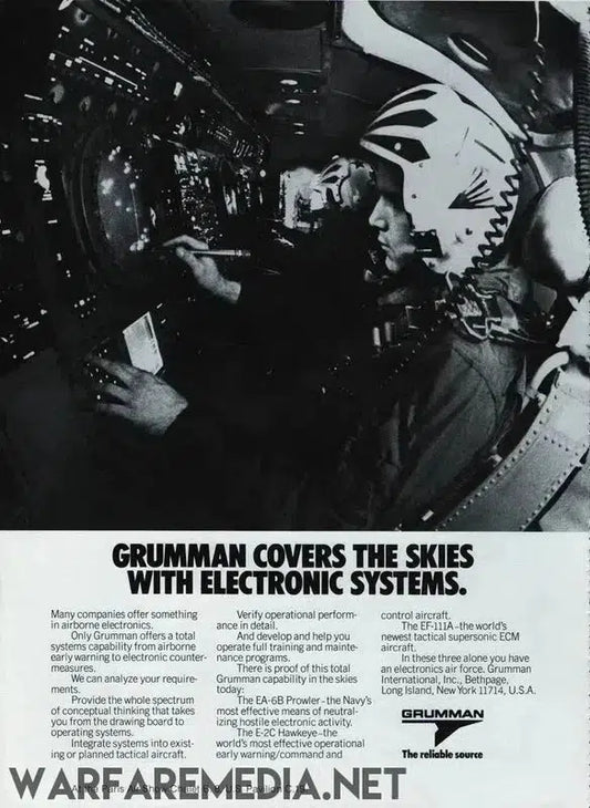 A pilot in a helmet operates advanced avionics equipment in a cockpit. Text at the bottom highlights Grumman Electronic Systems Sales Ad by Warfare Media, emphasizing accuracy, reliability, and the range of avionic solutions available for various needs, all showcased on high-quality posters.