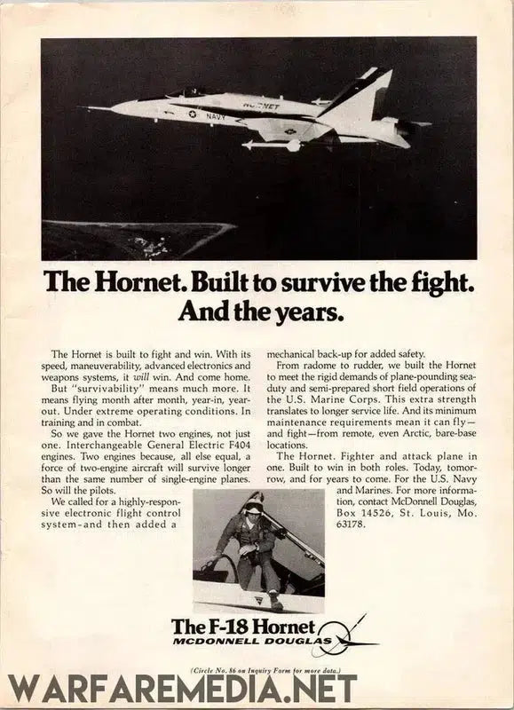 Promotional paper for the McDonnell Douglas F-18 Hornet titled "Survive the fight." The top features an image of the jet in flight. Below is text describing its capabilities and advanced electronics and weaponry. The bottom showcases the aircraft type and Warfare Media brand on high-quality, semi-glossy paper.