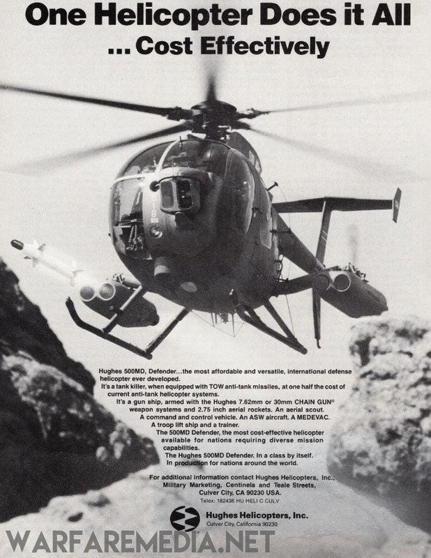 Black and white advertisement showcasing a helicopter in flight with the headline "One Helicopter Does it All … Cost Effectively." The text highlights the Hughes MD500 "Little Bird" capabilities, including armament options and versatility for different missions. These high-quality posters are printed on FSC-certified paper. Logo and contact information are featured at the bottom, proudly presented by Warfare Media.