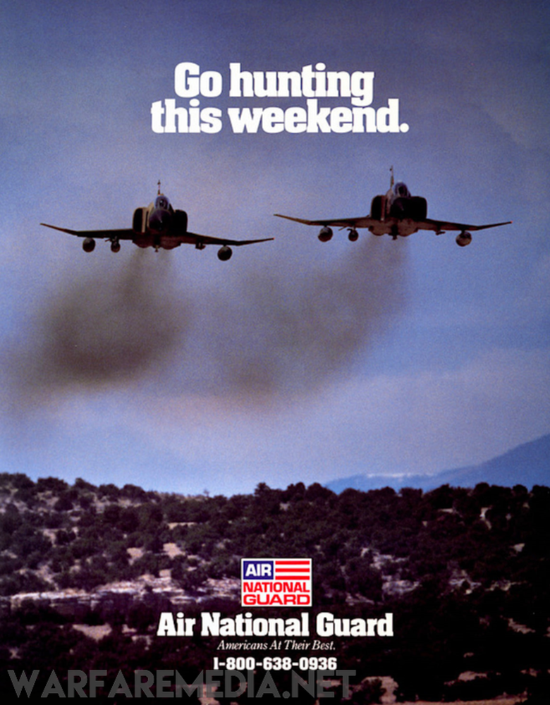 Warfare Media's "Go hunting this weekend" Air National Guard Recruitment Advert showcases a stunning vintage poster with two F4 Phantoms flying low over a scenic landscape of hills and trees. The captivating text "Go hunting this weekend" is prominently displayed at the top, accompanied by the Air National Guard logo and a recruitment phone number at the bottom. This high-quality poster perfectly captures the spirit of adventure.