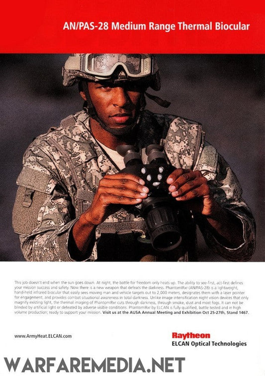 A soldier in camouflage uniform and helmet uses an AN/PAS-28 Medium Range Thermal Biocular. The background features a vivid red banner with white text. Bottom text promotes the Warfare Media product, the AN/PAS-28 Thermal Biocular Sales Ad, printed on FSC-certified paper and an event at the AUSA Annual Meeting and Exhibition.