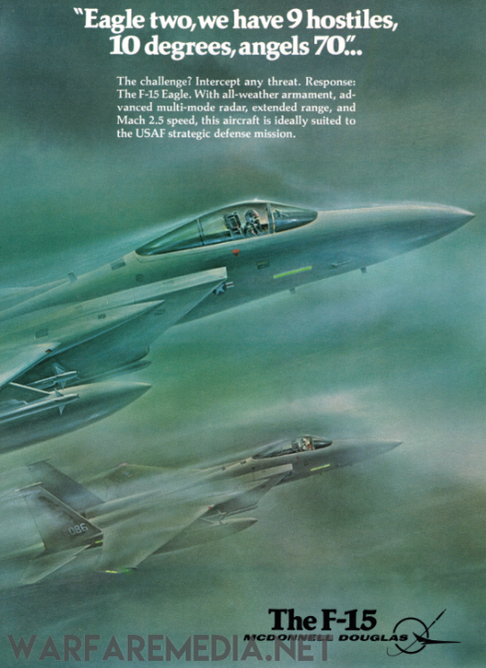 Two F-15 Eagle fighter jets soar against a greenish-blue sky. The text at the top reads, "Eagle two, we have 9 hostiles, 10 degrees, angels 70..." detailing the aircraft's capabilities. Printed on high-quality semi-glossy paper for long-lasting prints. At the bottom it displays "The F-15," the McDonnell Douglas logo, and Warfare Media's brand name. This is all part of the F-15 "Eagle Two" Sales Ad by Warfare Media.