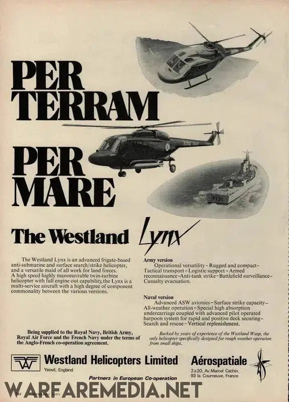 The Vintage Westland Lynx Sales Ad by Warfare Media showcases high-quality posters featuring the Westland Lynx helicopter in various scenarios—soaring through the air and stationed on a ship. The advertisements detail the helicopter's capabilities and its affiliations with naval, army, and NATO forces. Each poster comes in robust packaging for added protection.