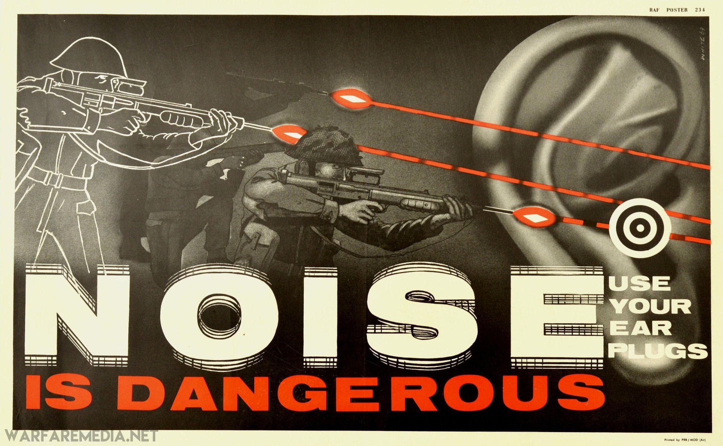 The "NOISE IS DANGEROUS" RAF Weapon Safety Ad by Warfare Media showcases a vintage poster depicting soldiers firing rifles, with red lines symbolizing the noise of gunfire. Prominent text announces, “NOISE IS DANGEROUS,” accompanied by the message “USE YOUR EAR PLUGS” next to an image of an ear surrounded by a red concentric sound wave. This striking piece is printed on high-quality FSC-certified paper.