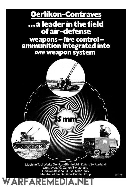 An eye-catching black-and-white advertisement for Warfare Media's "Oerlikon Air Defence System Sales Ad," showcasing advanced air-defense systems with striking images of anti-aircraft guns and radar equipment. The text proudly states: "Oerlikon-Contraves, a leader in air-defense weapons and fire control." This ad is printed on FSC-certified paper, ensuring sustainable quality.