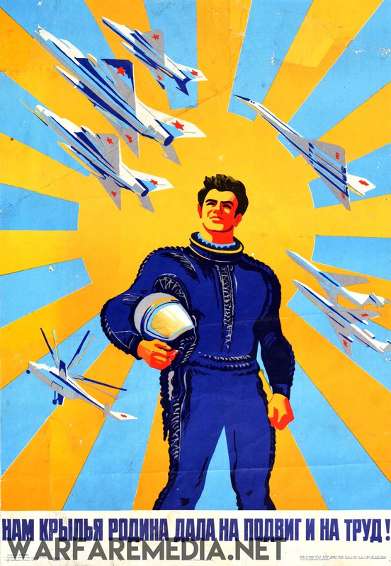 The Soviet Air Force Propaganda Ad by Warfare Media is a vibrant Soviet-era poster, printed on semi-glossy paper, featuring a confident pilot in a blue flight suit holding a helmet. Behind him, jet planes fly in formation against a radiant yellow and blue background. Cyrillic text adorns the top and bottom of the image.