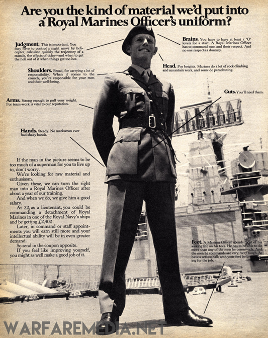 A black and white Royal Marines Officer Recruitment Advert from Warfare Media features a man in uniform standing before a ship. The surrounding text emphasizes attributes such as judgment, brainpower, shoulders, head, guts, hands, and feet. It is printed on high-quality FSC-certified paper with robust packaging to maintain its pristine condition.