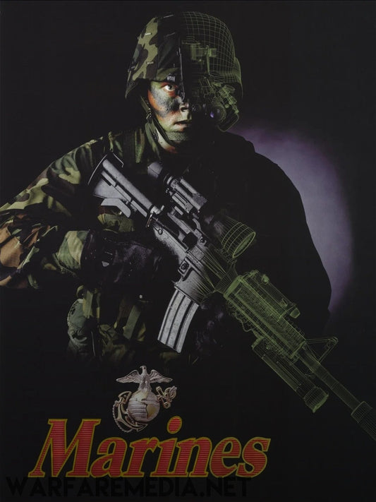 A Marine in a camouflage uniform holding a rifle, with part of his equipment depicted as a digital wireframe. The word "Marines" is displayed at the bottom in large red and yellow letters, accompanied by the Marine Corps emblem. Available as high-quality posters on semi-glossy, FSC-certified paper from Warfare Media's "Marines" USMC Recruitment Ad collection.