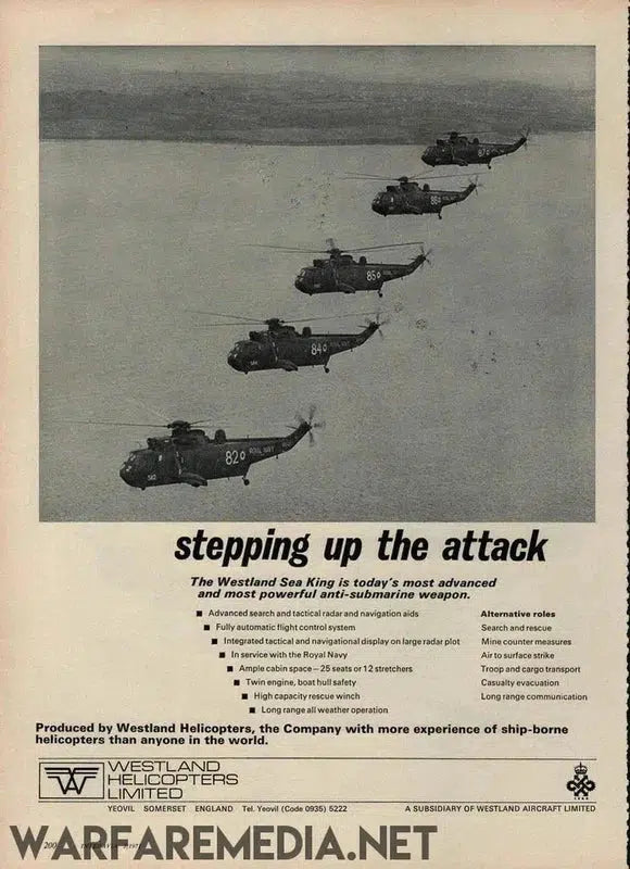 Black-and-white advertisement featuring a line of six Sea King Helicopter ASW models flying in formation over water with the caption "Stepping Up the Attack." Text details helicopter features. Footer includes Warfare Media's name, contact information, and logo. Available as high-quality posters on FSC-certified paper.