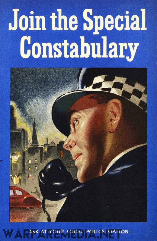 The Special Constabulary Recruitment Advert by Warfare Media is a vintage poster printed on semi-glossy paper, featuring an officer wearing a checkered hat using a phone. A nighttime cityscape with lit buildings and a red car serves as the backdrop. The text reads, "Join the Special Constabulary. Ask at your local police station.